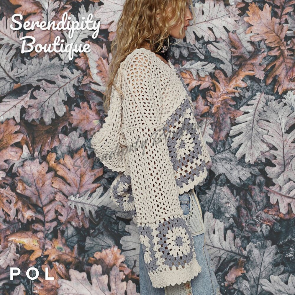 POL Boho Slouchy Thick Lush Oversized Lavender Crochet Button Up Hoodie Sweater - Picture 4 of 11